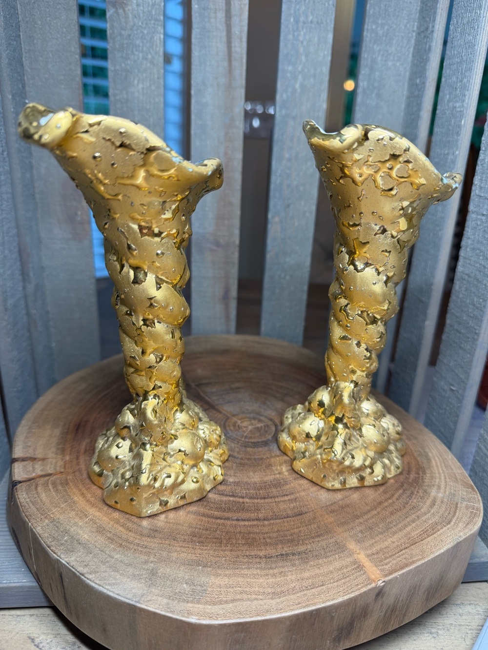 Weeping Gold Decorative Sculptural Cornucopia Candle Holders/Vases - Set of 2